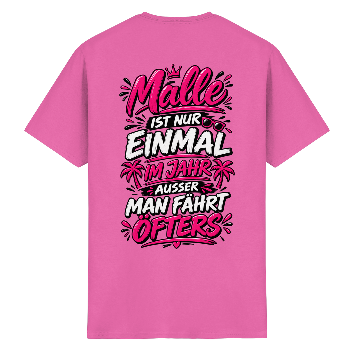 Rückansicht des pinken T-Shirts mit grafischem Druck und kurzen Ärmeln.