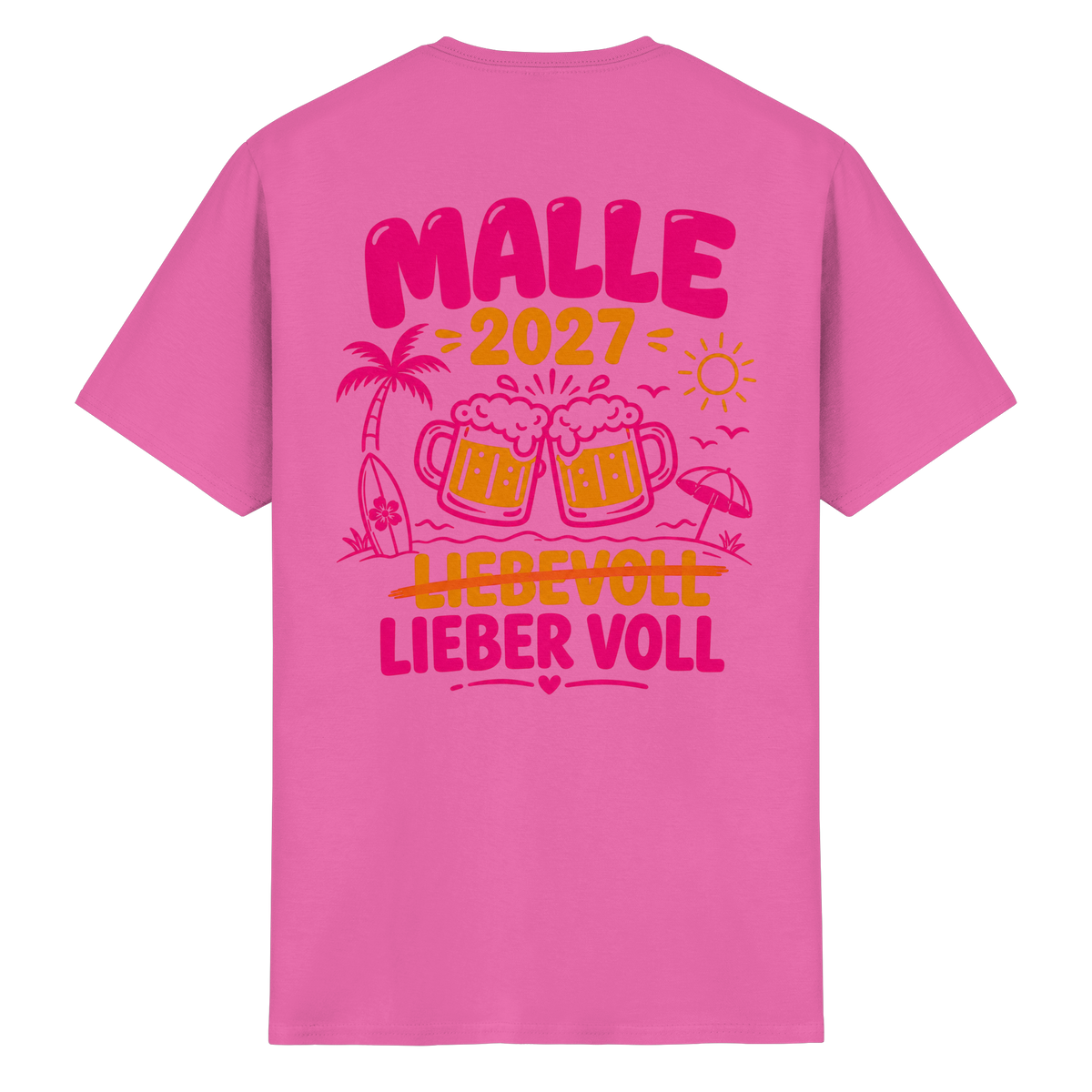 Malle 2027 Shirt in Azalee, Rückansicht mit grafischem Druck und kurzen Ärmeln.