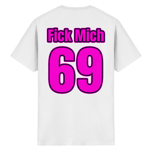 Rückansicht des weißen T-Shirts mit dem Aufdruck der Zahl 69 in Pink.