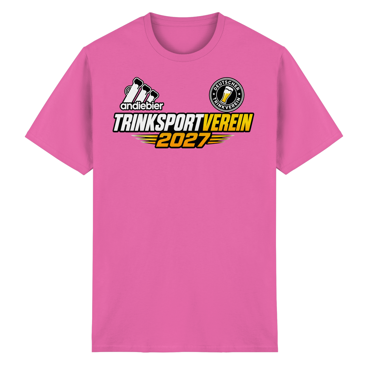Frontansicht des T-Shirts in Azaleenfarbe mit Grafikdruck und kurzen Ärmeln.