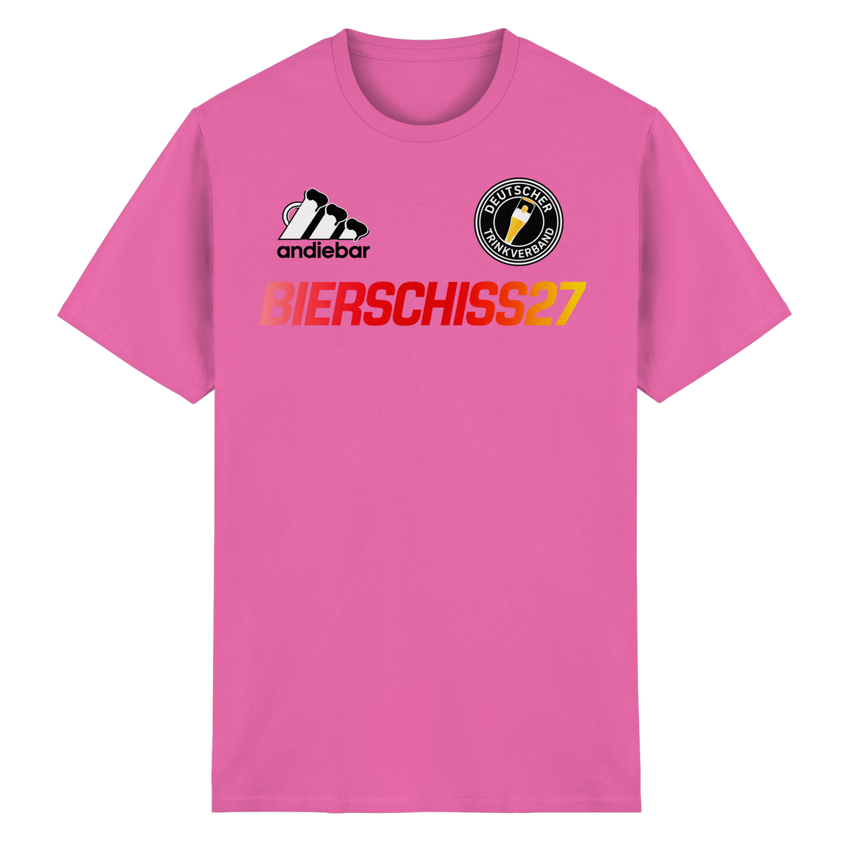 Frontansicht des azaleafarbenen Baumwoll-T-Shirts mit Logo-Print und kurzen Ärmeln.