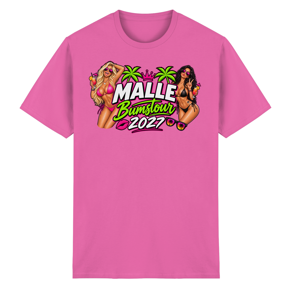 Frontansicht des pinken Shirts mit grafischem Druck und kurzen Ärmeln.