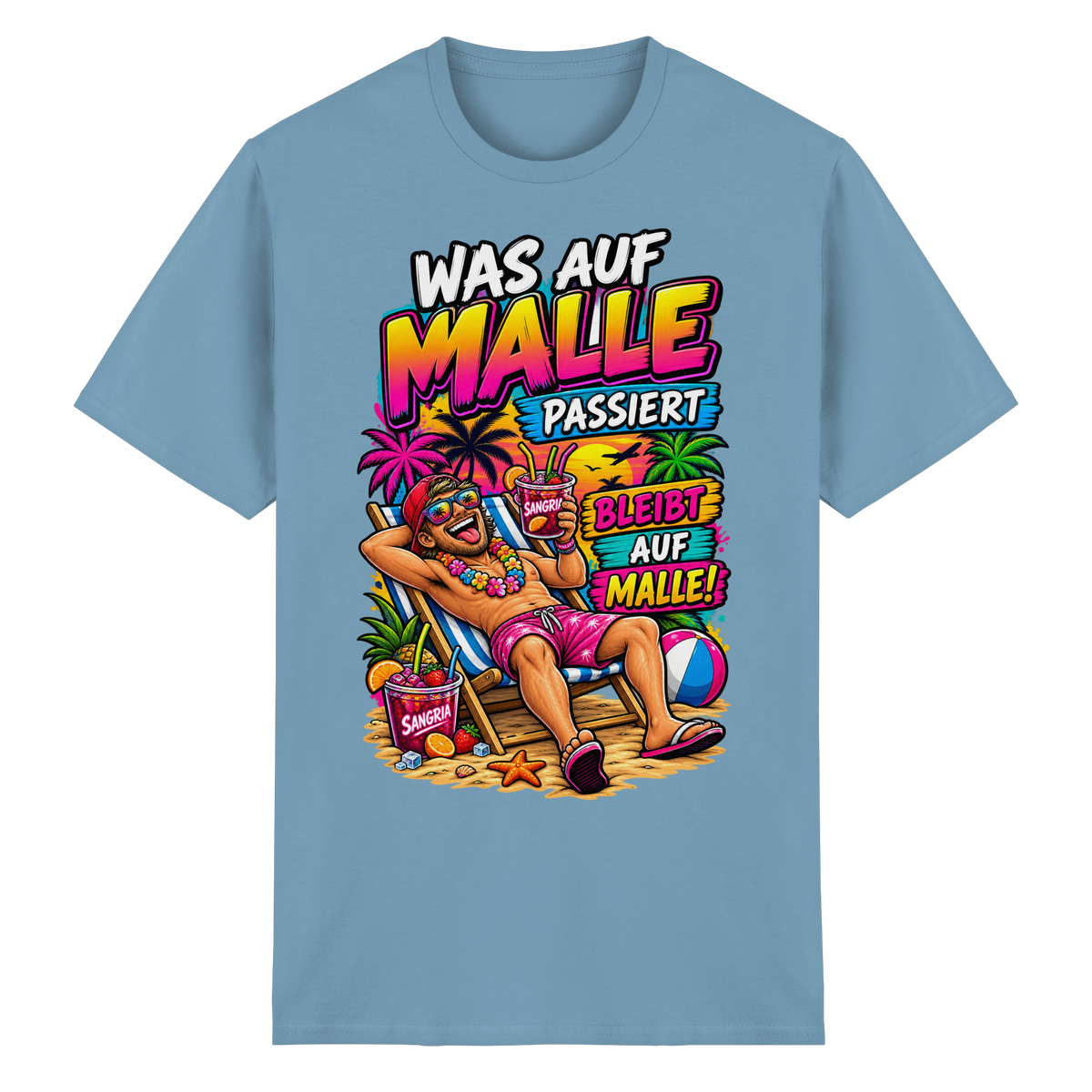 Frontansicht des himmelblauen Shirts mit grafischem Druck und kurzen Ärmeln.