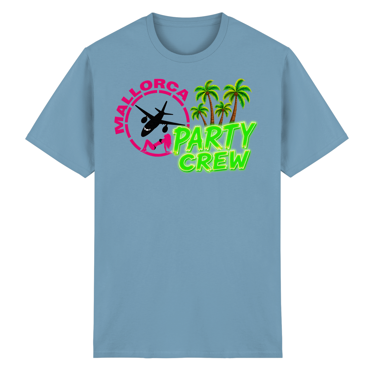 Frontansicht des carolina blauen T-Shirts mit grafischem Druck und Palmenmotiven.