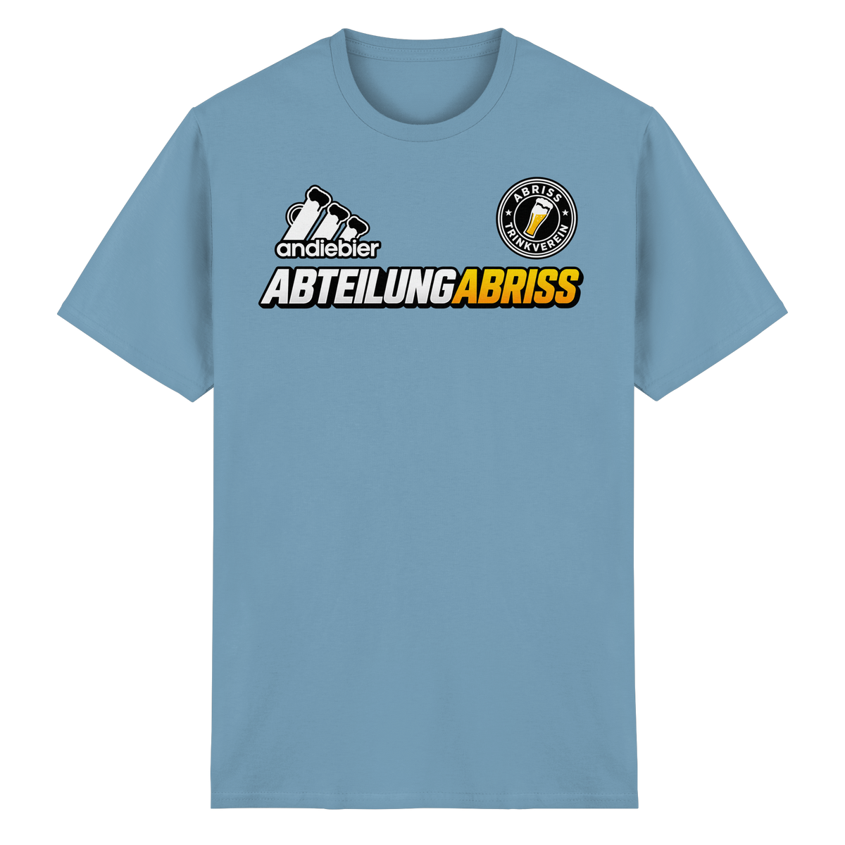Frontansicht des himmelblauen T-Shirts mit Logo-Druck und kurzen Ärmeln.