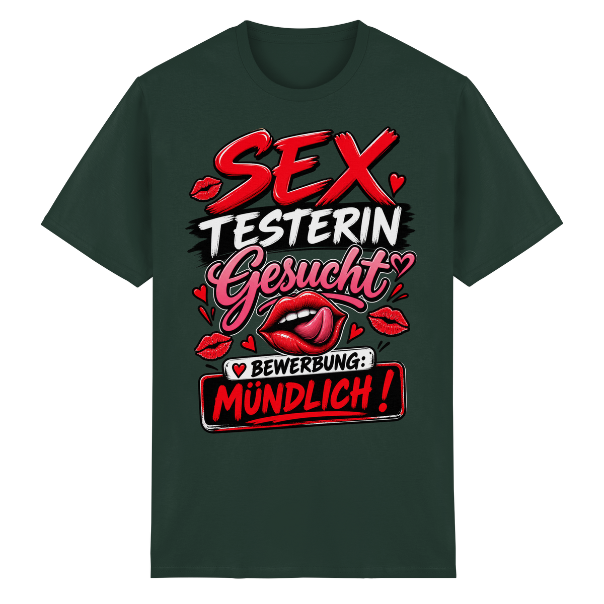 Vorderansicht des grünen T-Shirts mit grafischem Druck und kurzen Ärmeln.