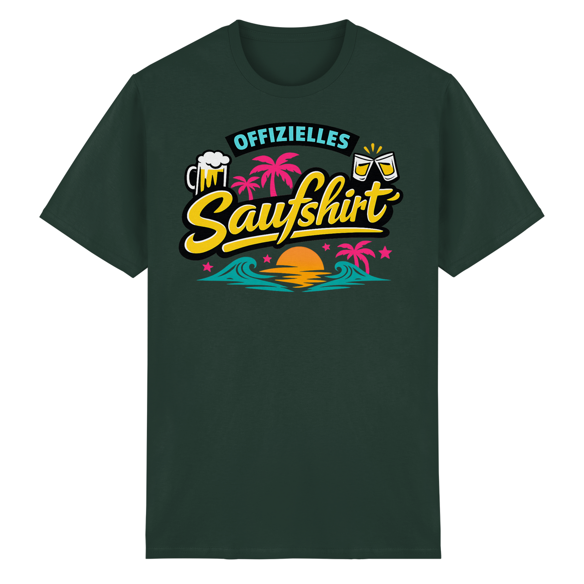 Frontansicht des dunkelgrünen Saufshirts mit grafischem Druck und kurzen Ärmeln.