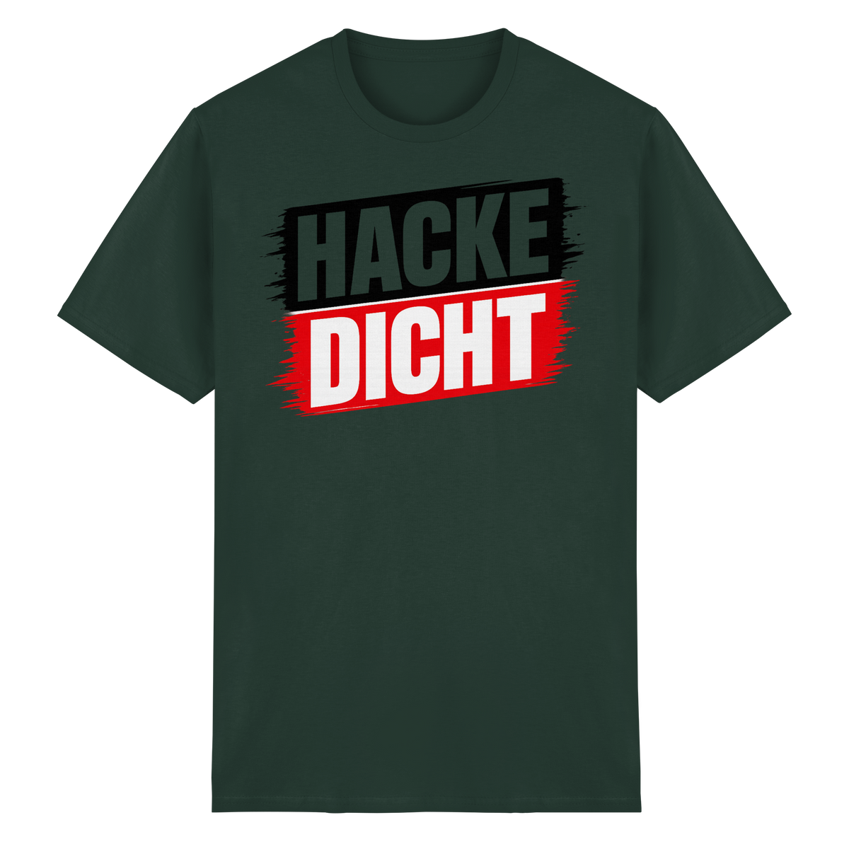 Vorderansicht des Baumwoll T-Shirts in forstgrün mit grafischem Text und kurzen Ärmeln, in grün, schwarz und rot.