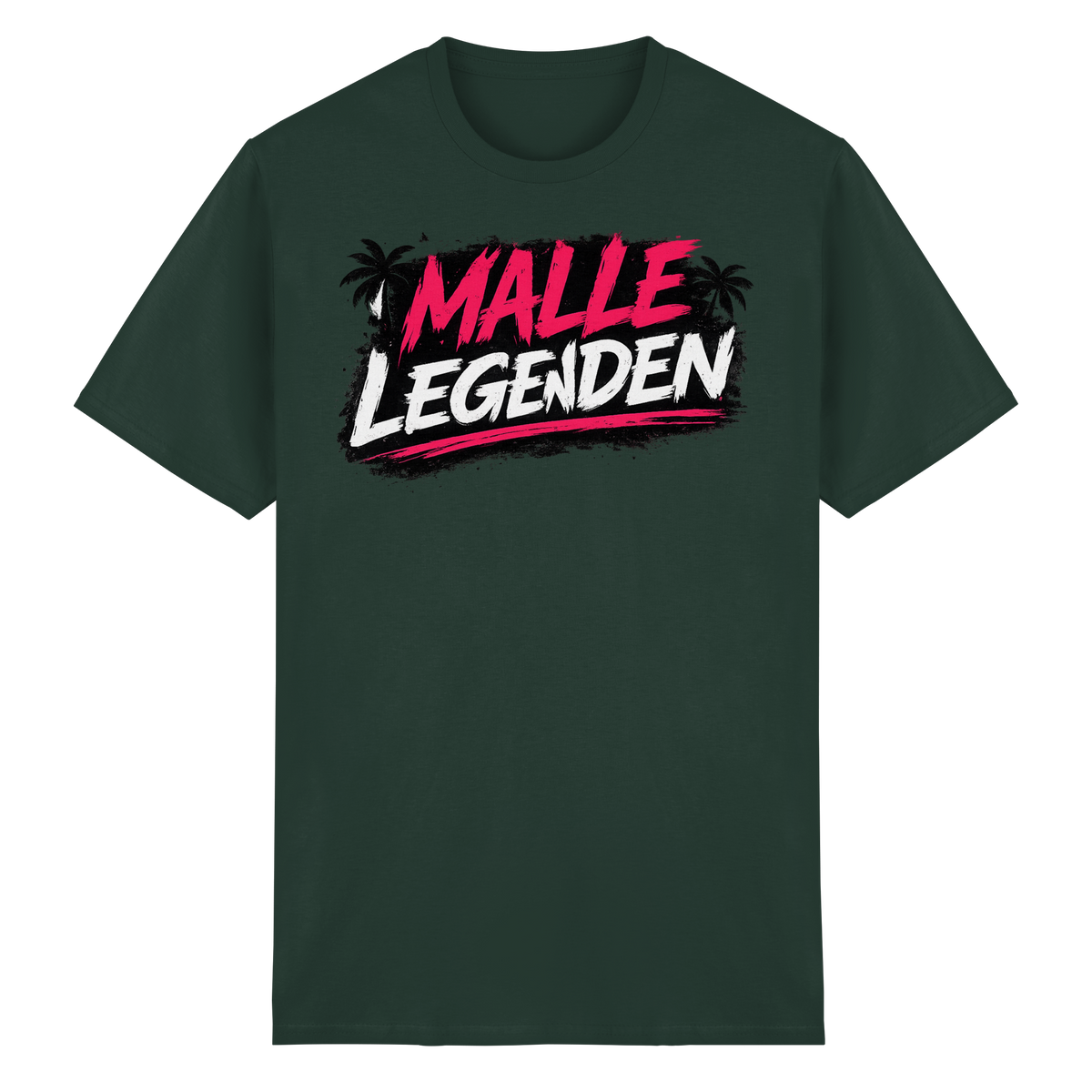 Frontansicht des dunkelgrünen T-Shirts aus Baumwolle mit grafischem Druck und kurzen Ärmeln.