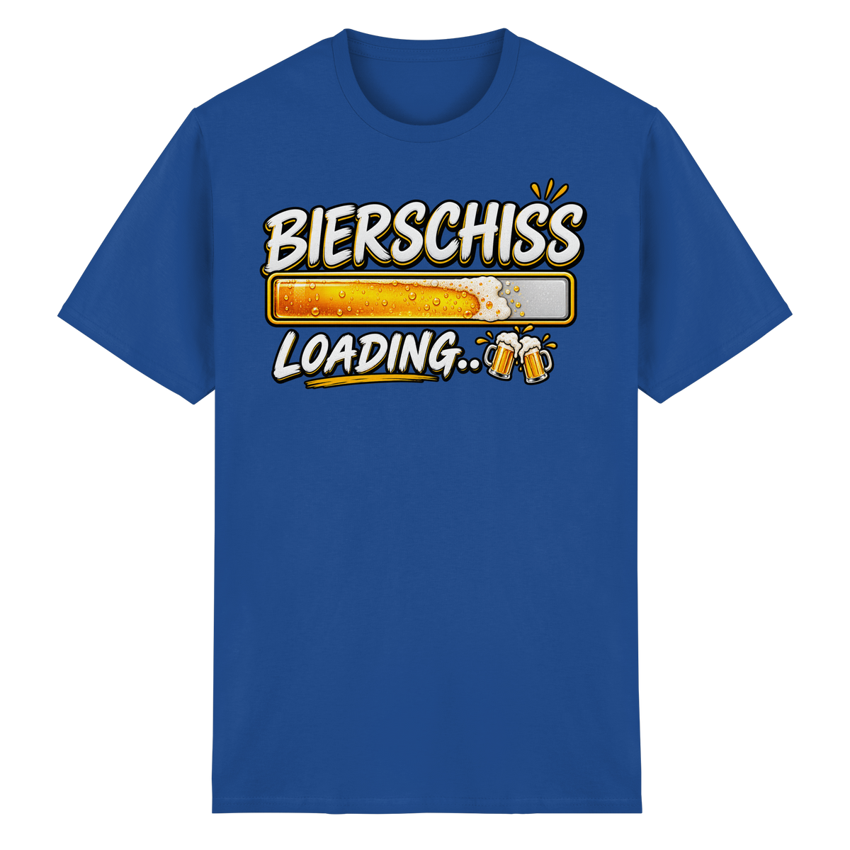Bierschiss in Königsblau, Frontansicht mit grafischem Druck und kurzen Ärmeln.