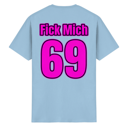 Rückansicht des hellblauen T-Shirts mit dem Aufdruck der Zahl 69 in Pink.