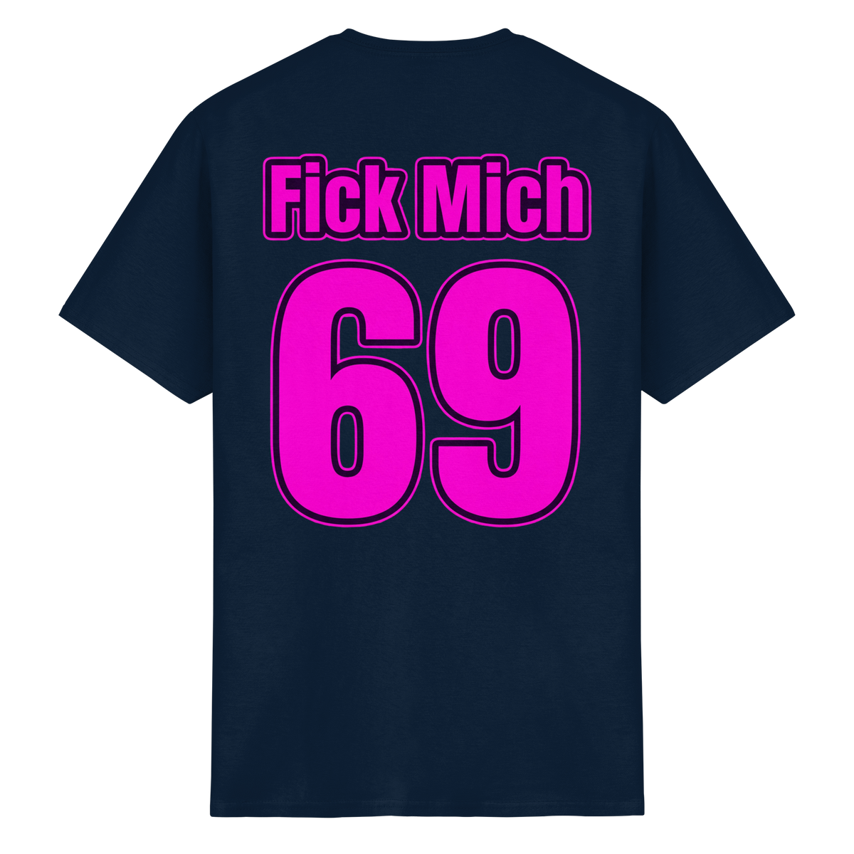 Rückansicht des navyblauen T-Shirts mit dem Aufdruck der Zahl 69 in Pink.