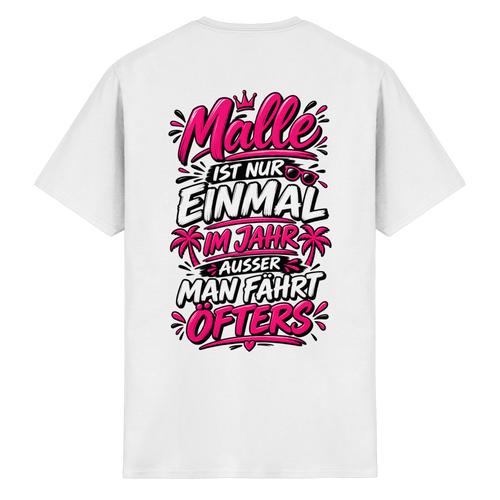 Rückansicht des weißen T-Shirts mit grafischem Druck und kurzen Ärmeln.
