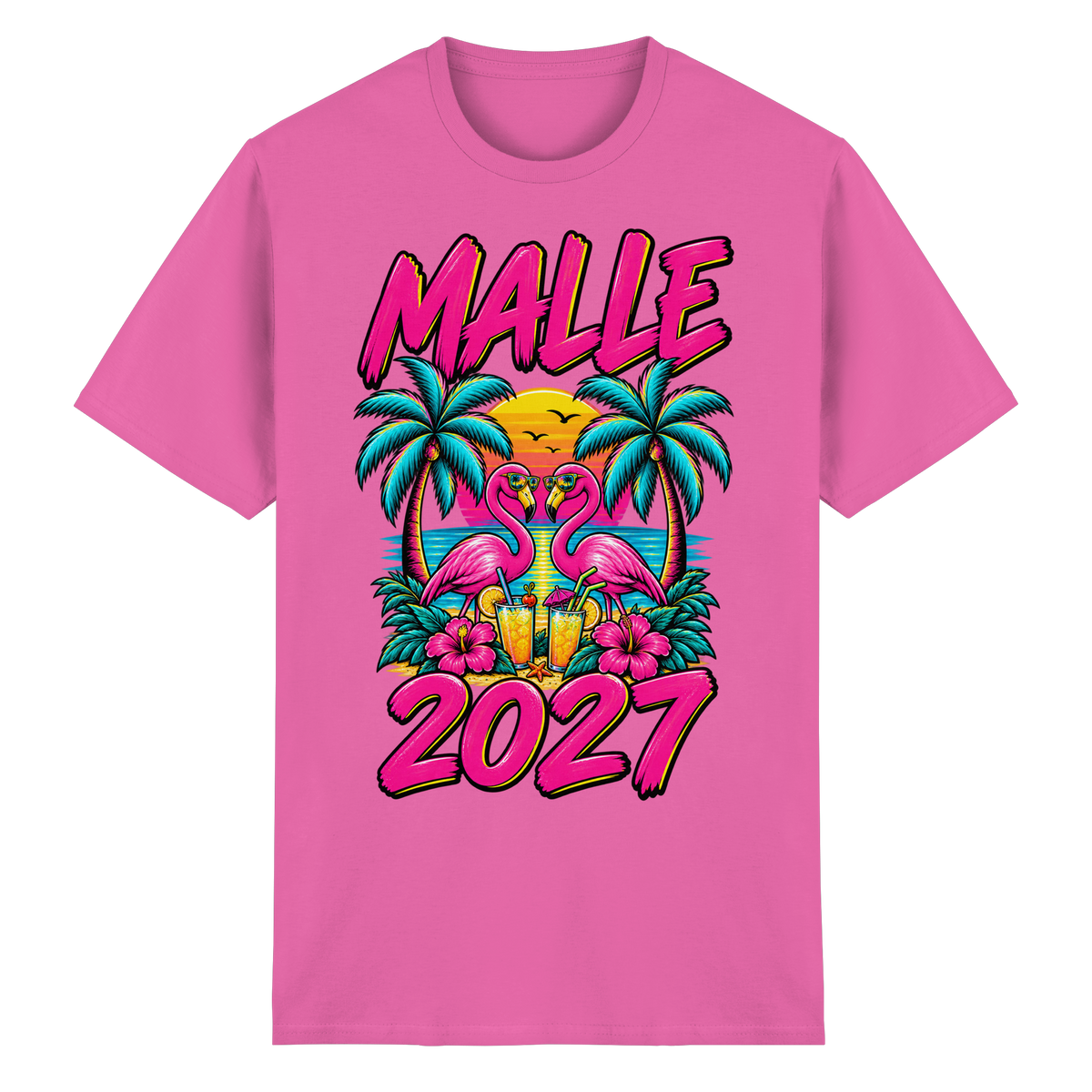 Frontansicht des pinken T-Shirts mit grafischem Druck und kurzen Ärmeln.