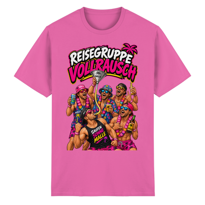 Vorderansicht des azaleafarbenen T-Shirts mit grafischem Druck und kurzen Ärmeln.