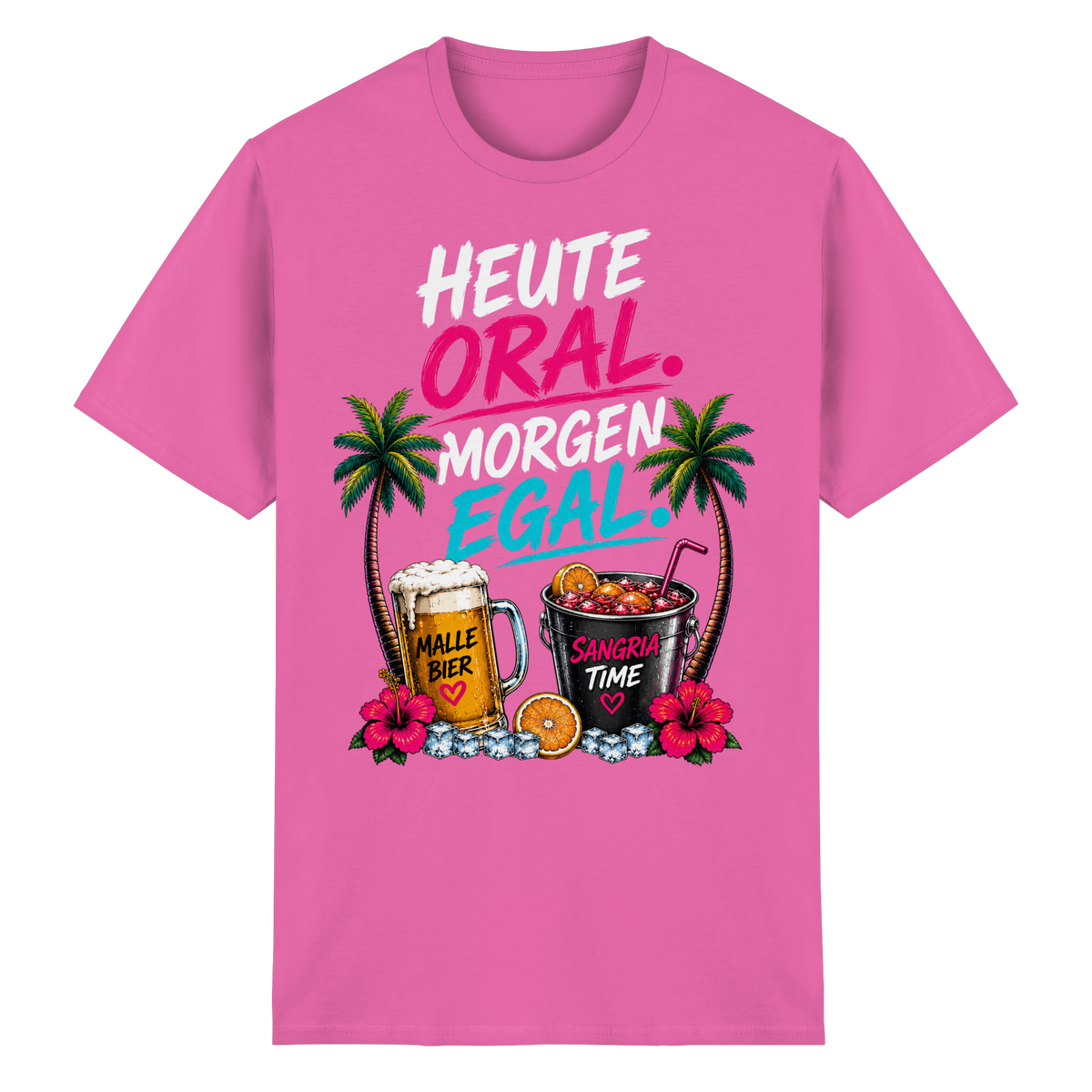 Frontansicht des rosa Heavy Cotton T-Shirts mit grafischem Druck, Palmenmotiven und floralen Akzenten.