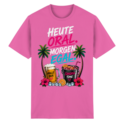 Frontansicht des rosa Heavy Cotton T-Shirts mit grafischem Druck, Palmenmotiven und floralen Akzenten.