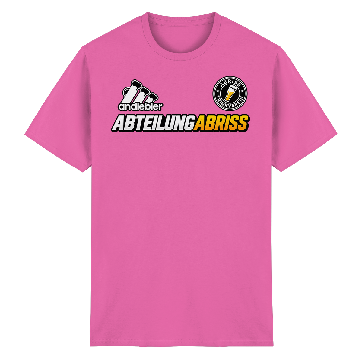 Frontansicht des pinken T-Shirts mit Logo-Druck und kurzen Ärmeln.