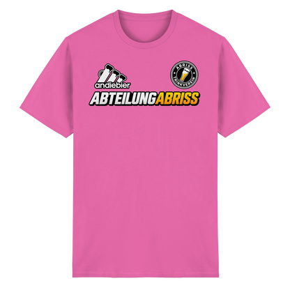 Frontansicht des pinken T-Shirts mit Logo-Druck und kurzen Ärmeln.