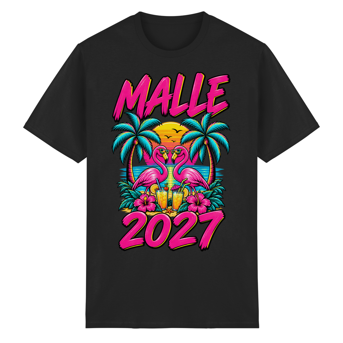 Frontansicht des schwarzen T-Shirts mit grafischem Druck und kurzen Ärmeln.