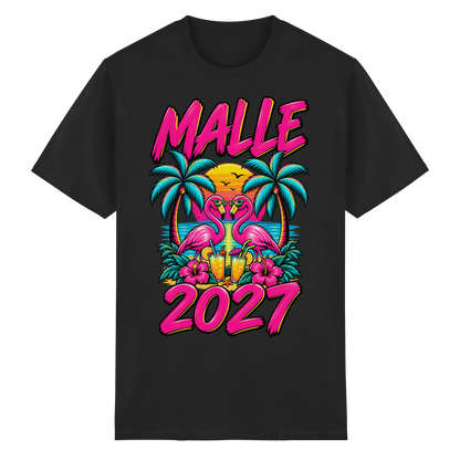 Frontansicht des schwarzen T-Shirts mit grafischem Druck und kurzen Ärmeln.