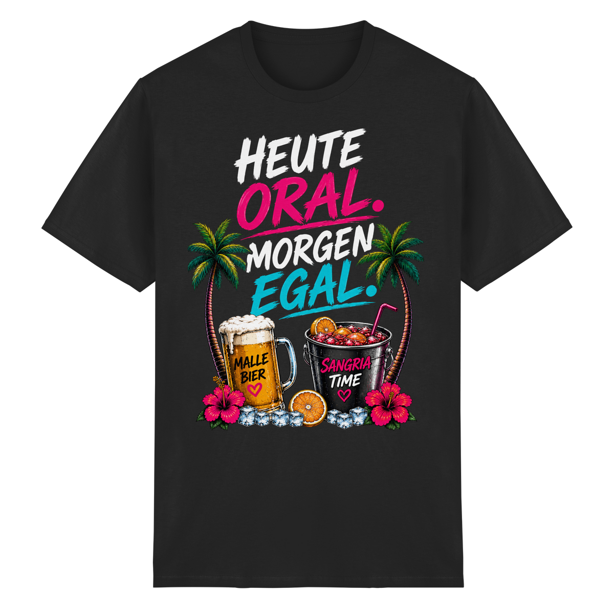 Frontansicht des schwarzen Heavy Cotton T-Shirts mit grafischem Druck und Palmenmotiven.