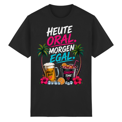 Frontansicht des schwarzen Heavy Cotton T-Shirts mit grafischem Druck und Palmenmotiven.