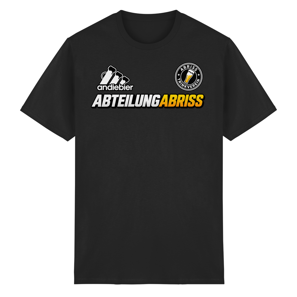 Frontansicht des schwarzen Baumwoll T-Shirts mit grafischem Druck und kurzen Ärmeln.