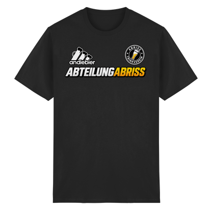 Frontansicht des schwarzen Baumwoll T-Shirts mit grafischem Druck und kurzen Ärmeln.