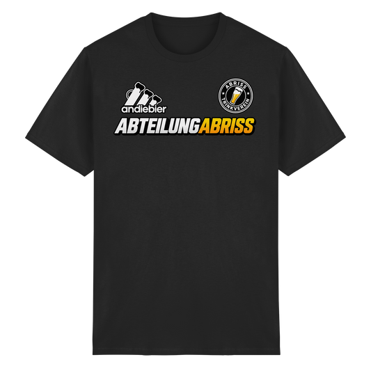 Frontansicht des schwarzen Baumwoll T-Shirts mit grafischem Druck und kurzen Ärmeln.