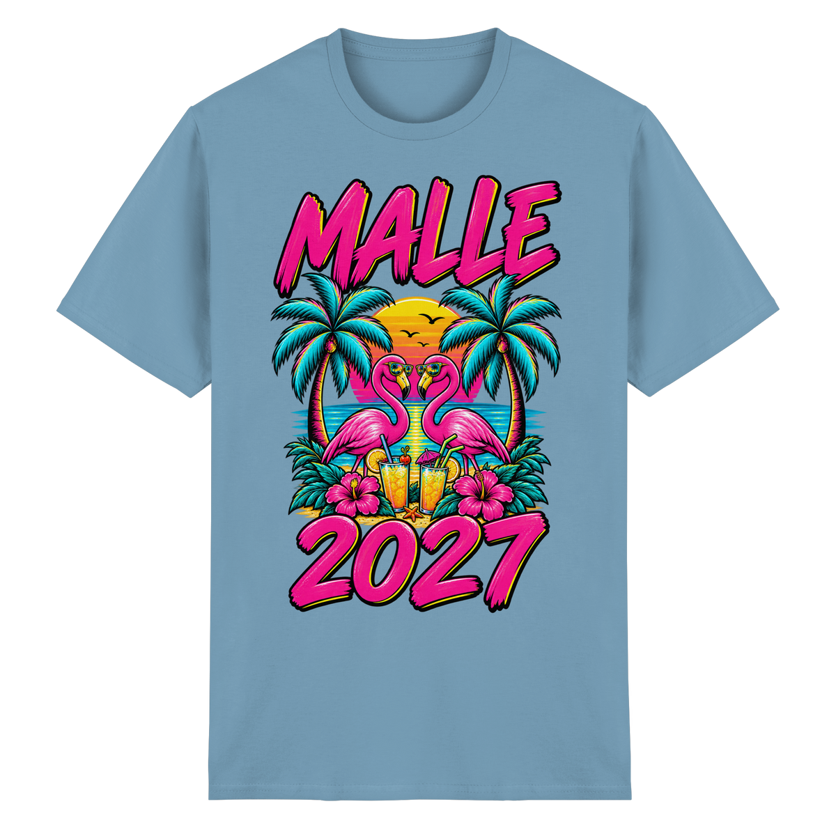 Frontansicht des blauen T-Shirts mit grafischem Druck und kurzen Ärmeln.