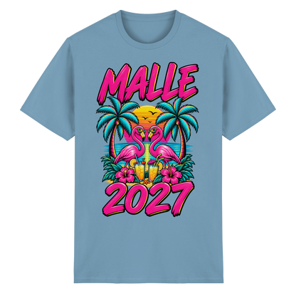 Frontansicht des blauen T-Shirts mit grafischem Druck und kurzen Ärmeln.