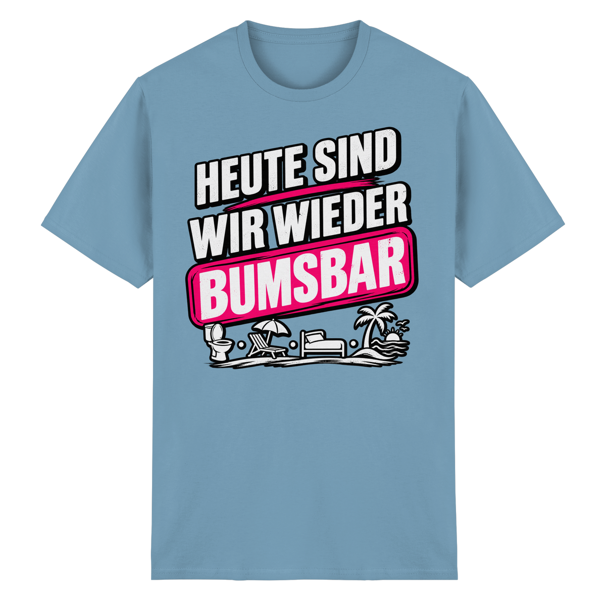 Frontansicht des carolina blauen Shirts mit grafischem Druck und kurzen Ärmeln.