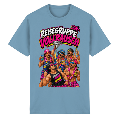 Vorderansicht des carolina blauen T-Shirts mit grafischem Druck und kurzen Ärmeln.