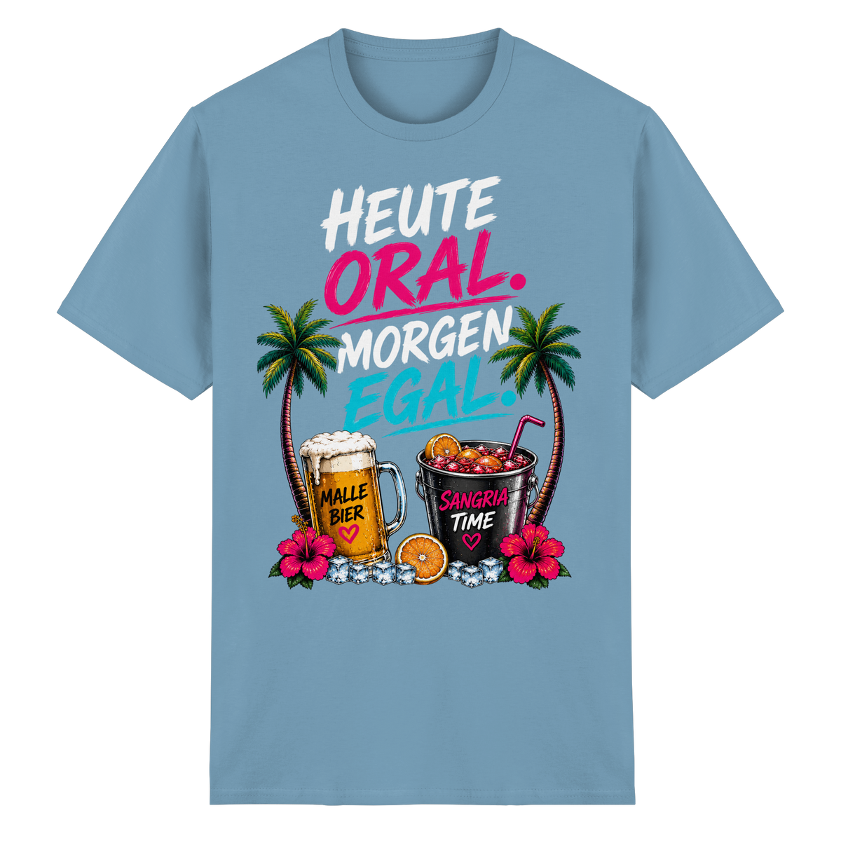 Frontansicht des carolina blauen Heavy Cotton T-Shirts mit grafischem Druck, Palmenmotiven und floralen Akzenten.