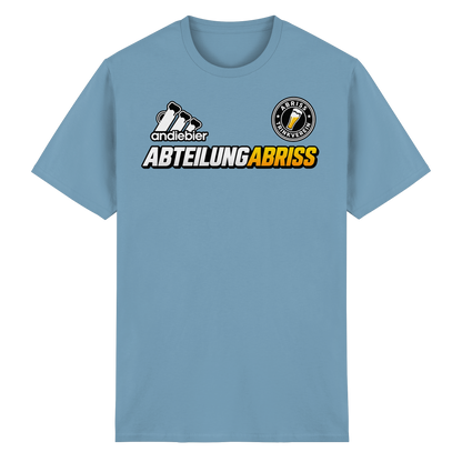 Frontansicht des himmelblauen T-Shirts mit Logo-Druck und kurzen Ärmeln.