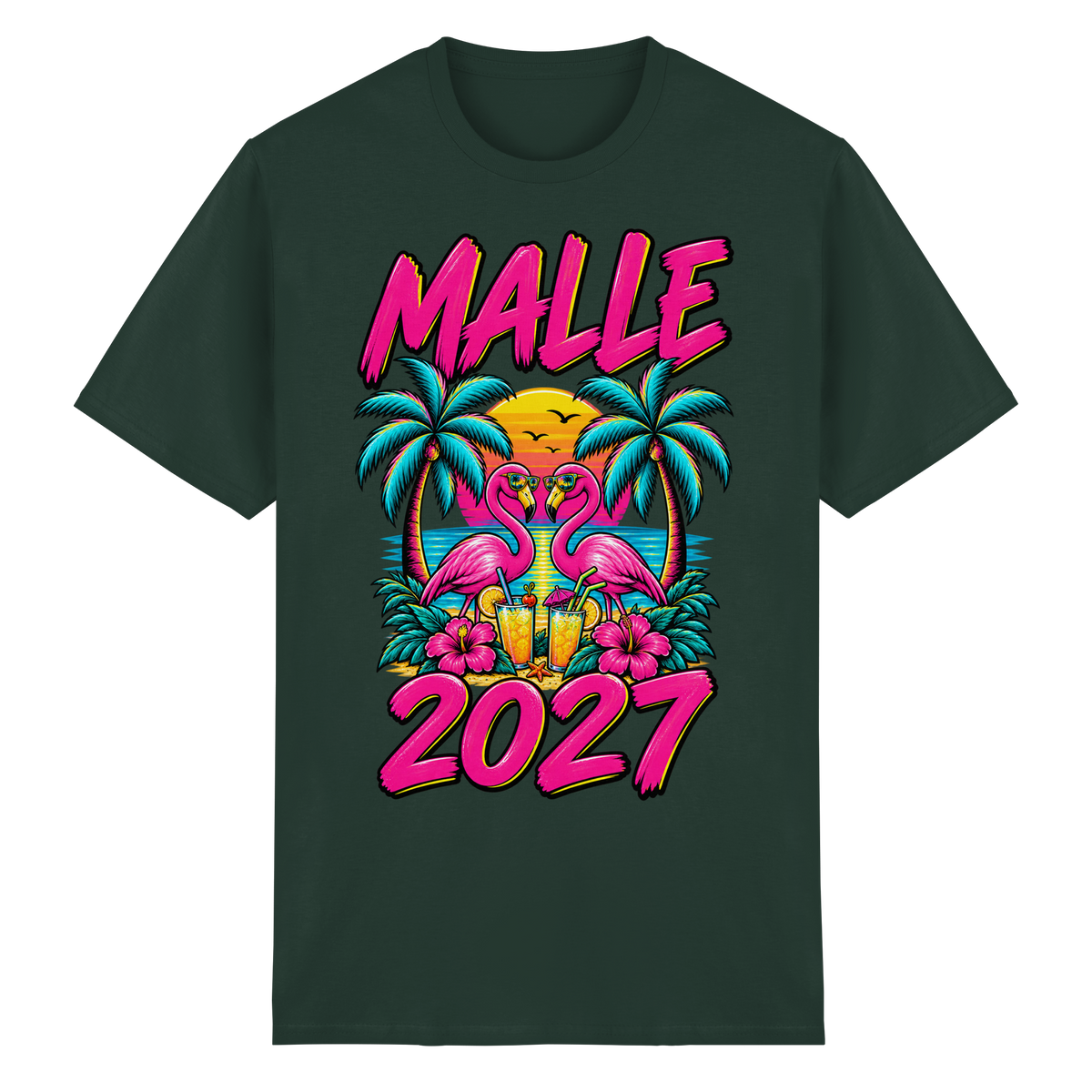 Frontansicht des forstgrünen T-Shirts mit grafischem Druck und kurzen Ärmeln.
