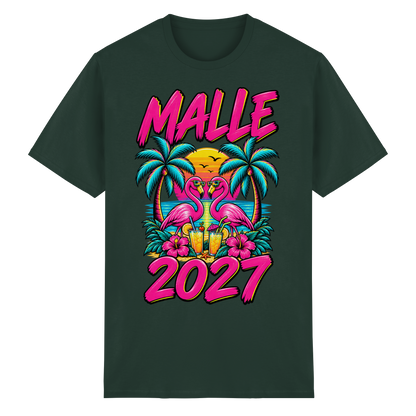 Frontansicht des forstgrünen T-Shirts mit grafischem Druck und kurzen Ärmeln.