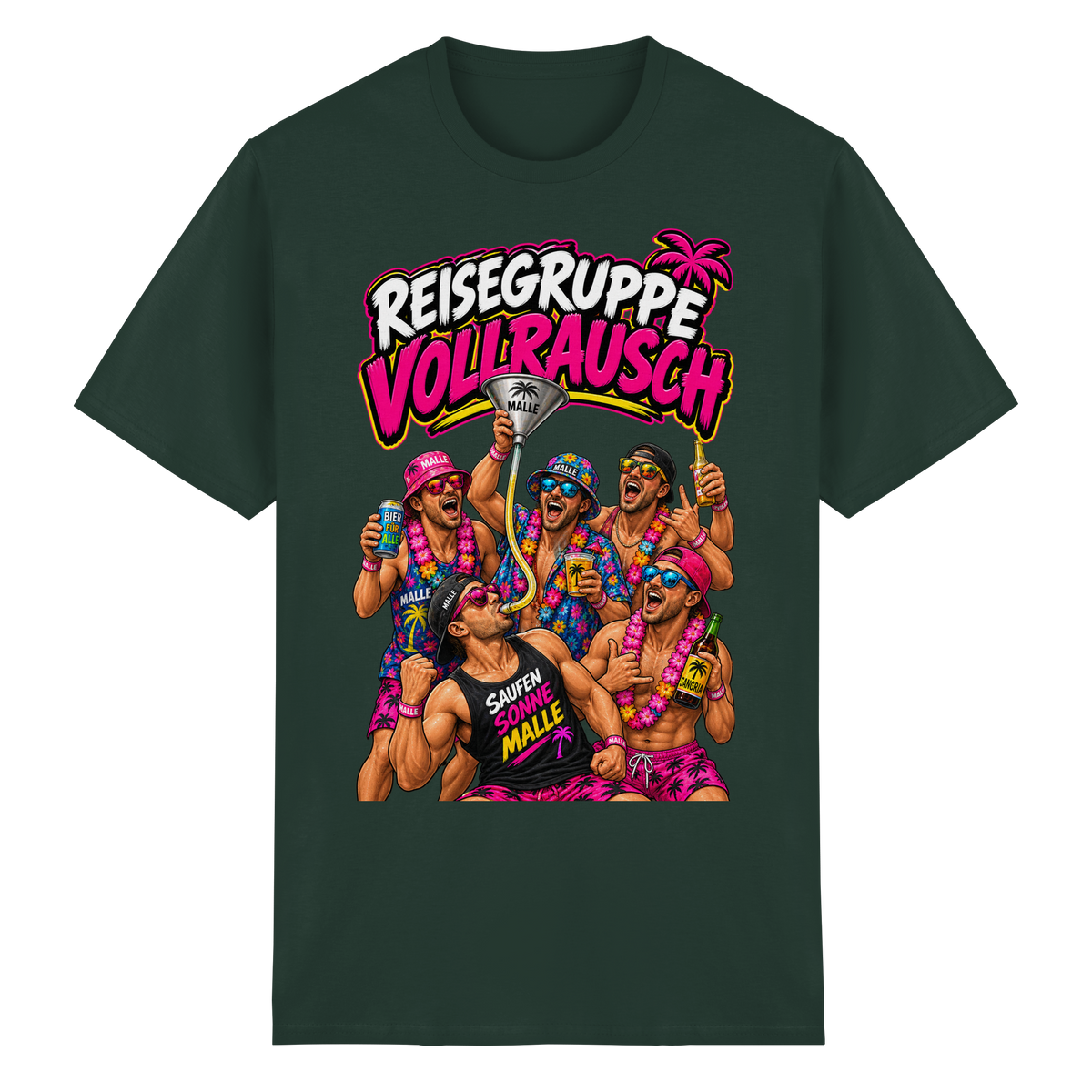 Vorderansicht des forstgrünen T-Shirts mit grafischem Druck und kurzen Ärmeln.
