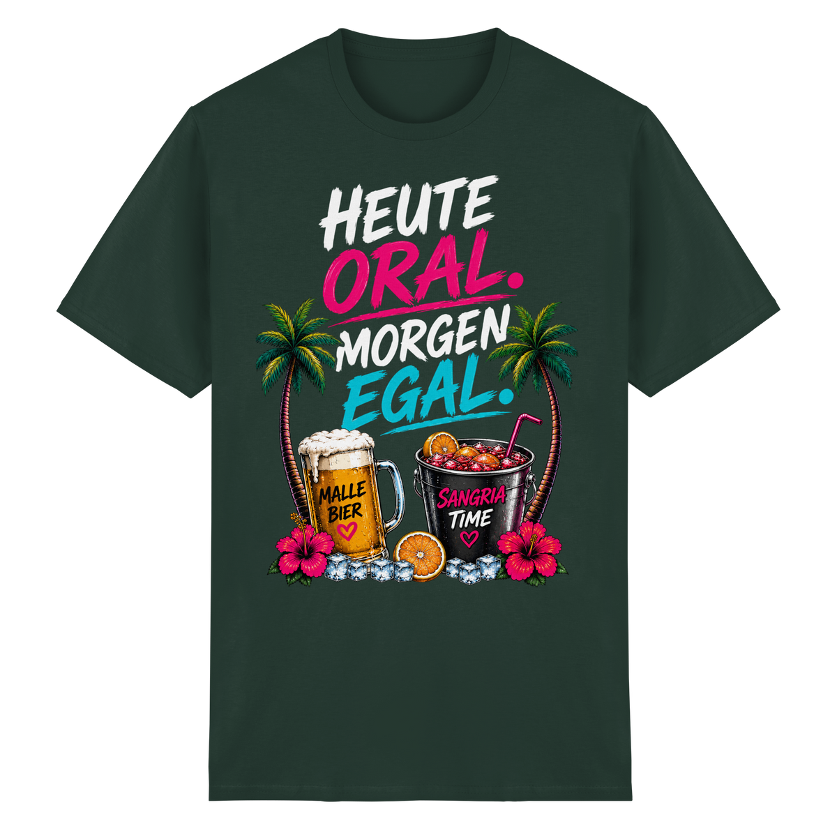 Frontansicht des forstgrünen Heavy Cotton T-Shirts mit grafischem Druck, Palmenmotiven und floralen Akzenten.