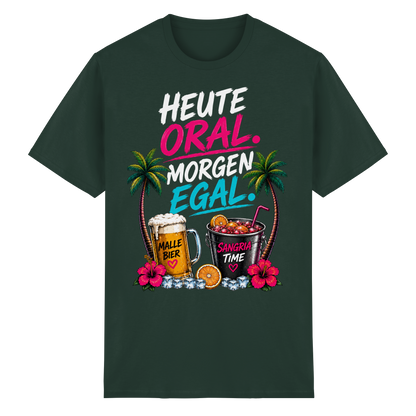 Frontansicht des forstgrünen Heavy Cotton T-Shirts mit grafischem Druck, Palmenmotiven und floralen Akzenten.