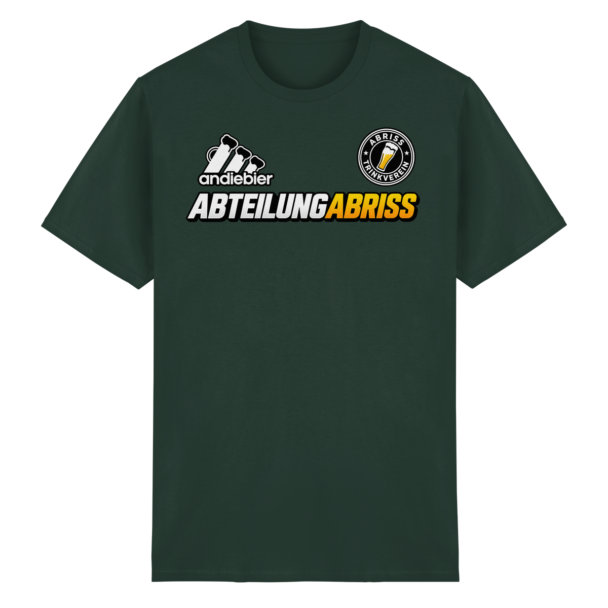 Frontansicht des dunkelgrünen T-Shirts mit Logo-Druck und kurzen Ärmeln.