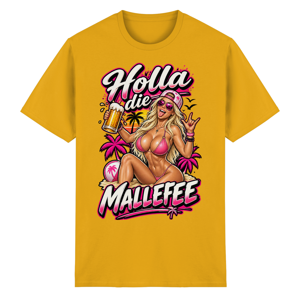 Frontansicht des goldenen Malle Shirts mit grafischem Druck und kurzen Ärmeln.