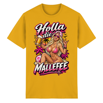 Frontansicht des goldenen Malle Shirts mit grafischem Druck und kurzen Ärmeln.