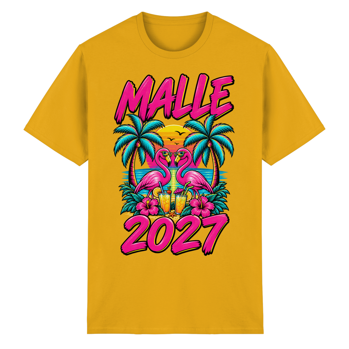 Frontansicht des goldenen T-Shirts mit grafischem Druck und kurzen Ärmeln.