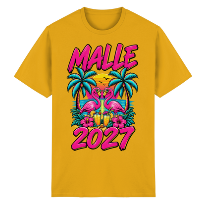 Frontansicht des goldenen T-Shirts mit grafischem Druck und kurzen Ärmeln.