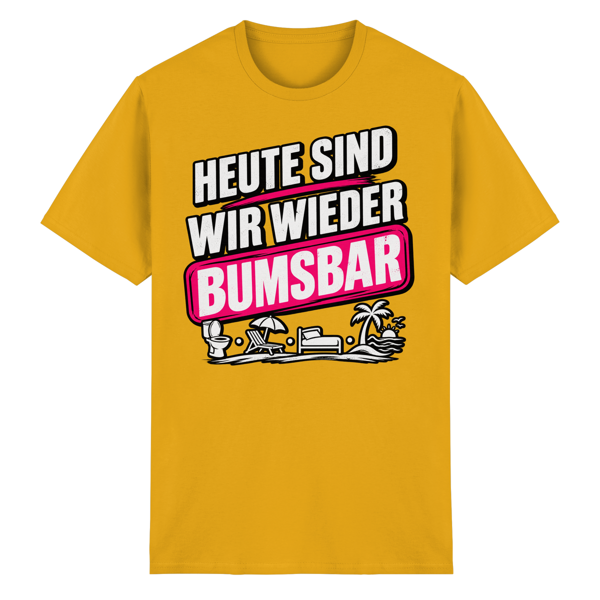 Frontansicht des goldenen Baumwollshirts mit grafischem Druck und kurzen Ärmeln.