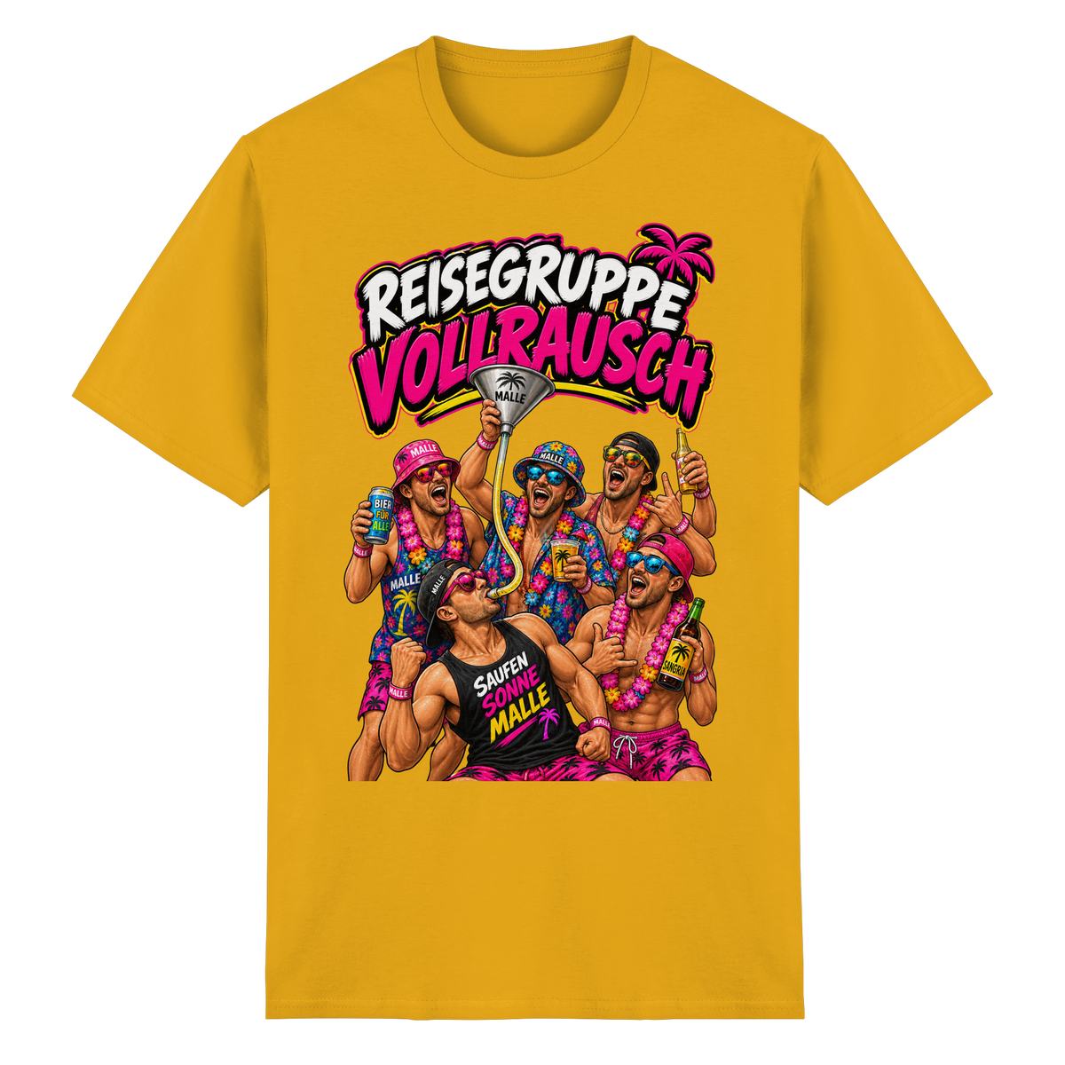 Vorderansicht des goldenen T-Shirts mit grafischem Druck und kurzen Ärmeln.