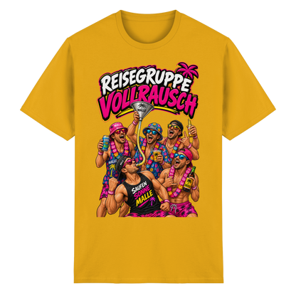 Vorderansicht des goldenen T-Shirts mit grafischem Druck und kurzen Ärmeln.