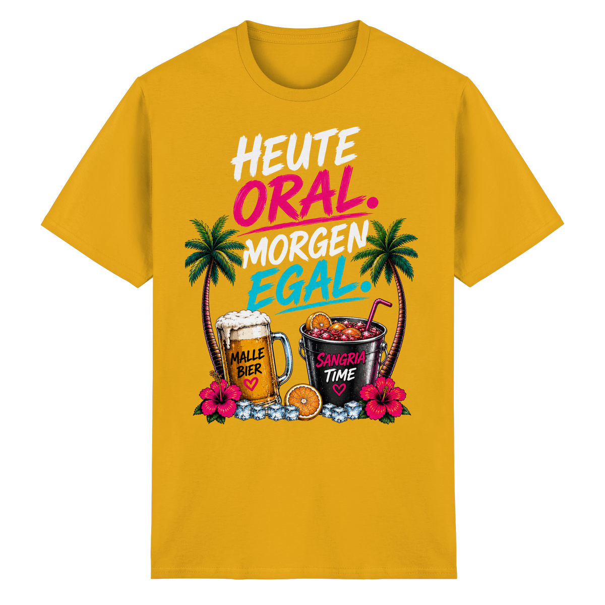 Frontansicht des goldfarbenen Heavy Cotton T-Shirts mit grafischem Druck und kurzen Ärmeln.